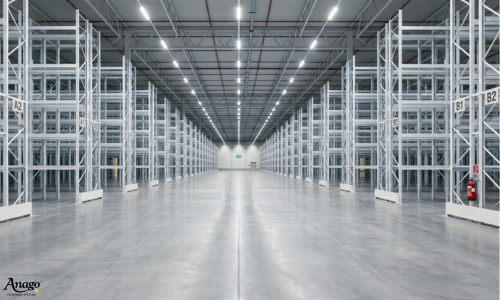 Pristine, uncluttered blue and white modern warehouse aisle 